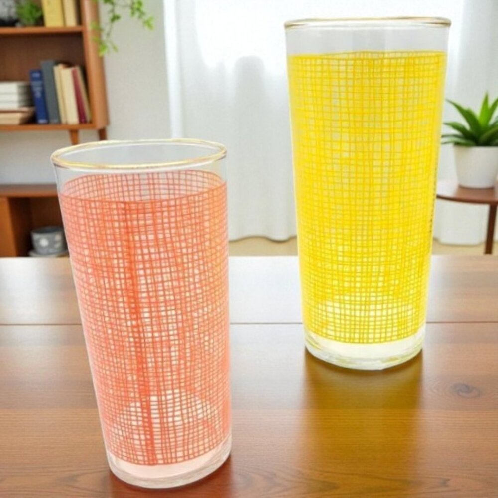 Vintage Federal Glass Basket Weave Burlap Gold Gild Tom Collins Glasses